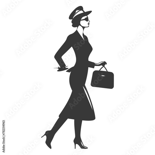 Silhouette flight attendant in action full body black color only