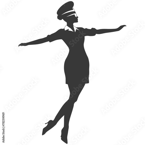 Silhouette flight attendant in action full body black color only