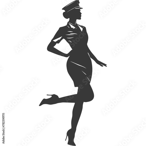 Silhouette flight attendant in action full body black color only