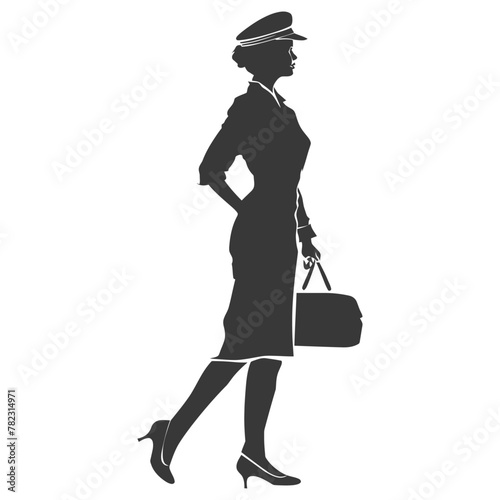 Silhouette flight attendant in action full body black color only