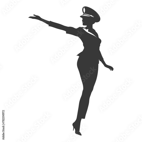 Silhouette flight attendant in action full body black color only