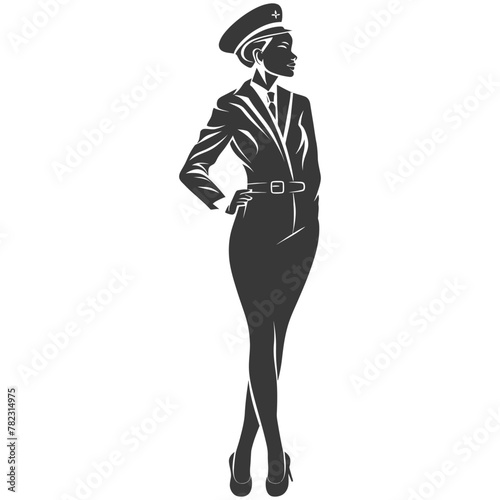 Silhouette flight attendant in action full body black color only