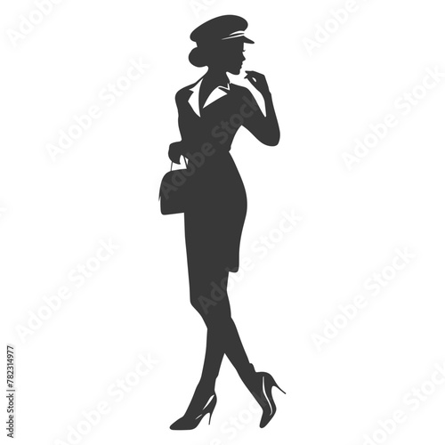 Silhouette flight attendant in action full body black color only