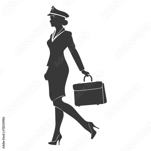 Silhouette flight attendant in action full body black color only