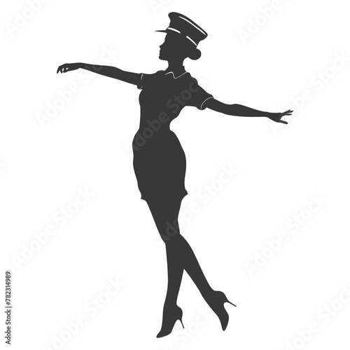Silhouette flight attendant in action full body black color only