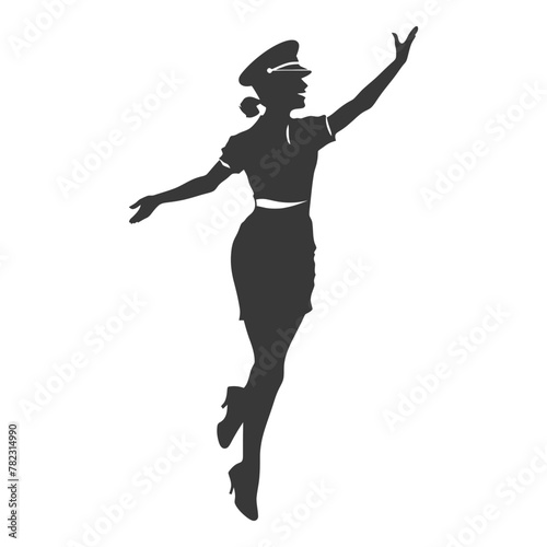 Silhouette flight attendant in action full body black color only