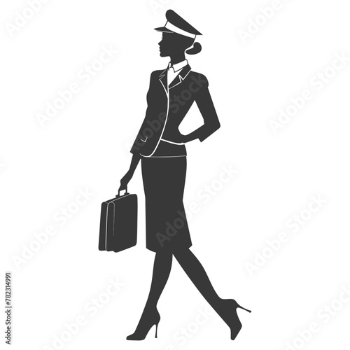 Silhouette flight attendant in action full body black color only
