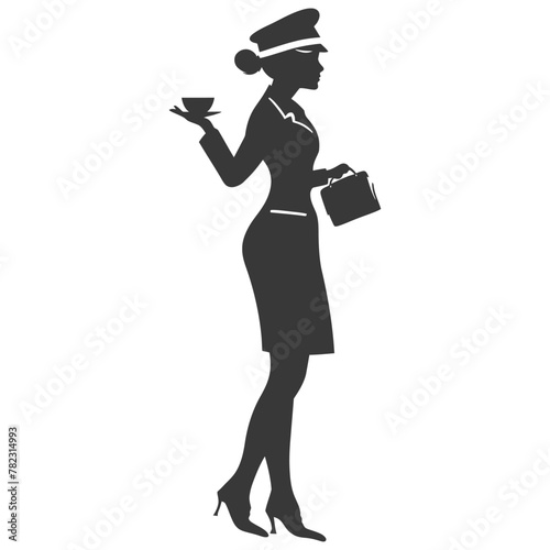 Silhouette flight attendant in action full body black color only