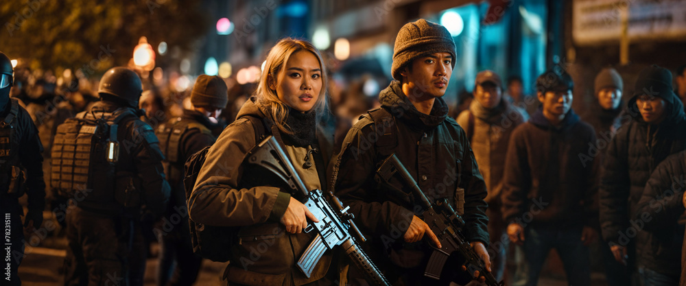 asian armed young adult people or teenager girls and boys, on the street in a city, protesting and demonstrating violently or rioting or looting, fictional location