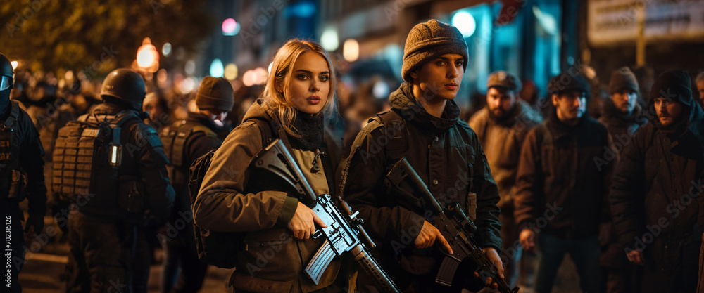 armed young adult people or teenager girls and boys, on the street in a city, protesting and demonstrating violently or rioting or looting, fictional location