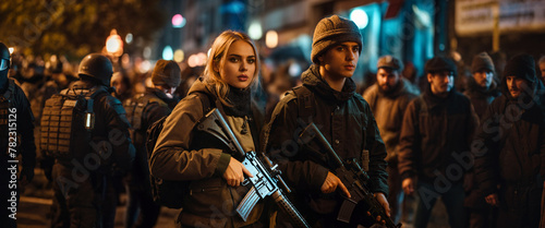 armed young adult people or teenager girls and boys, on the street in a city, protesting and demonstrating violently or rioting or looting, fictional location photo