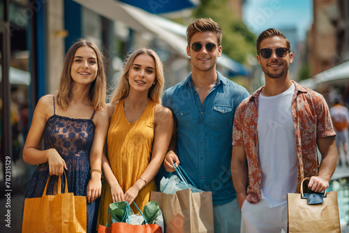 walking and shopping in the city, shopping bags and shopping bags, group of friends and couple in line, buying clothes and shopping