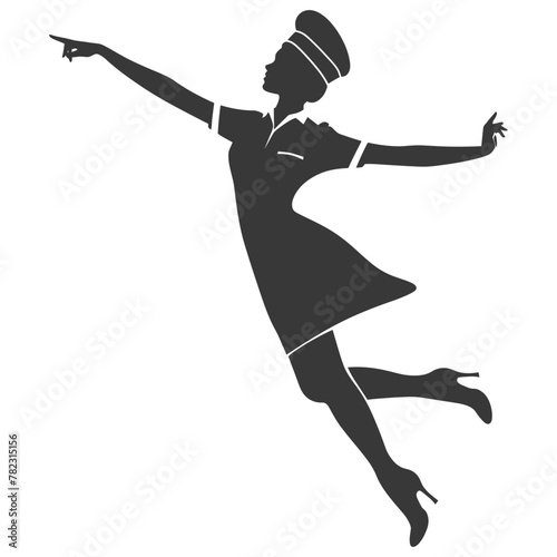 Silhouette flight attendant in action full body black color only