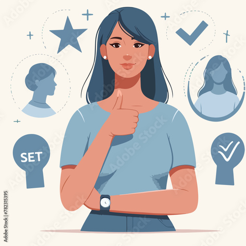 Vector women with the concept of self-esteem, thumb gestures