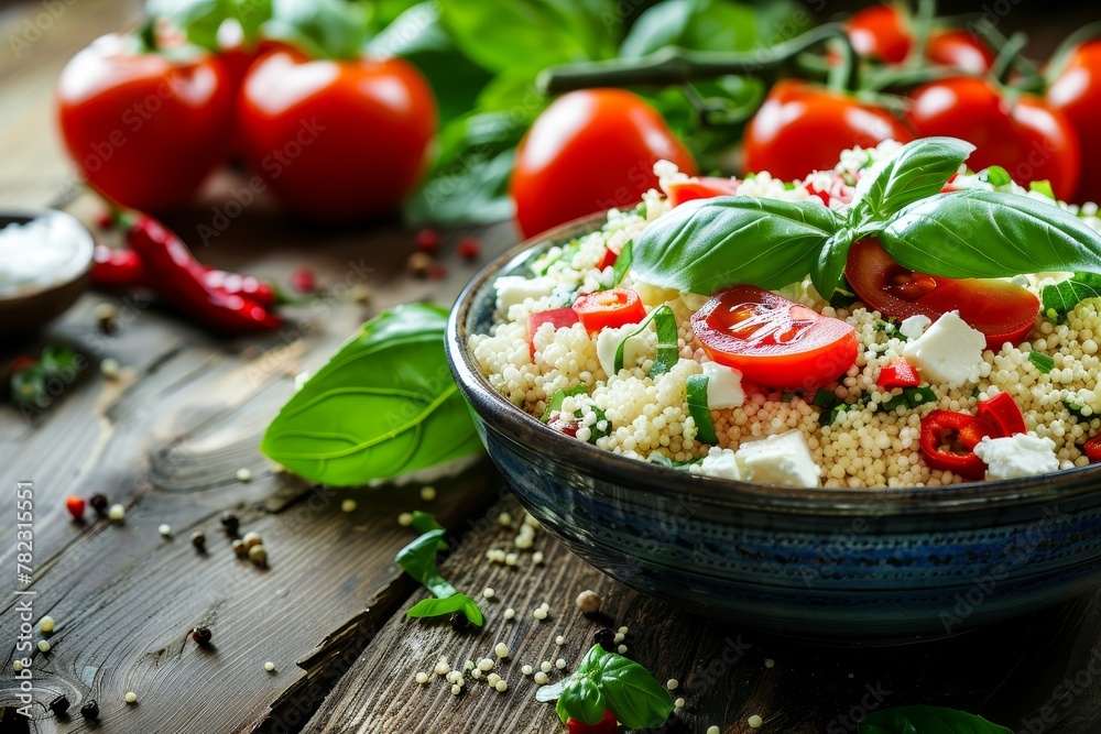 Tabbouleh salad with feta tomato basil and chili on rustic table