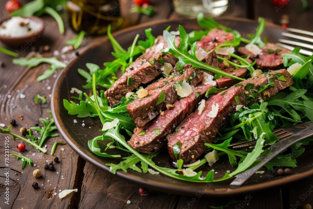 Tasty beef on arugula with parmesan Tasty beef on arugula with parmesan