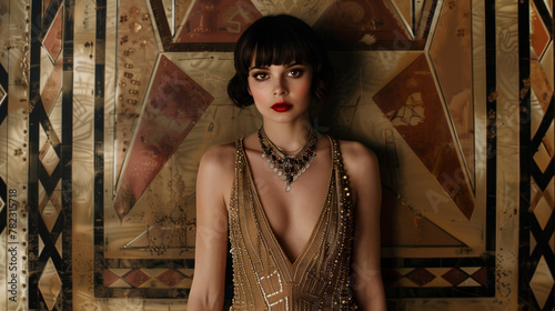 a cinematic portrait of an attractive woman in a glamorous gold dress with a plunging neckline, complemented by a statement necklace. 