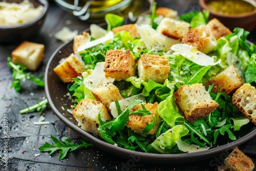 Tasty caesar salad with parmesan homemade croutons and dressing photo