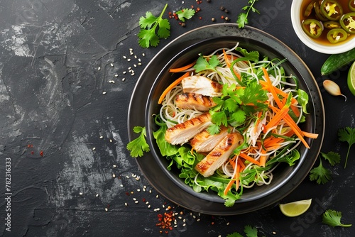 Top view of chicken and carrot rice noodle salad