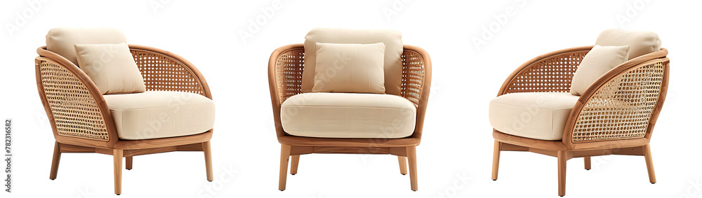 Three views of a single sofa chair, with rattan weaving craft on a white background