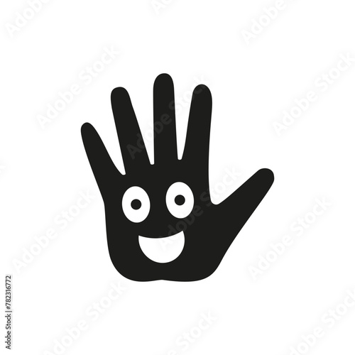 Palm of a hand with a cartoon laughing cheerful smiling face inside. Vector illustration. 