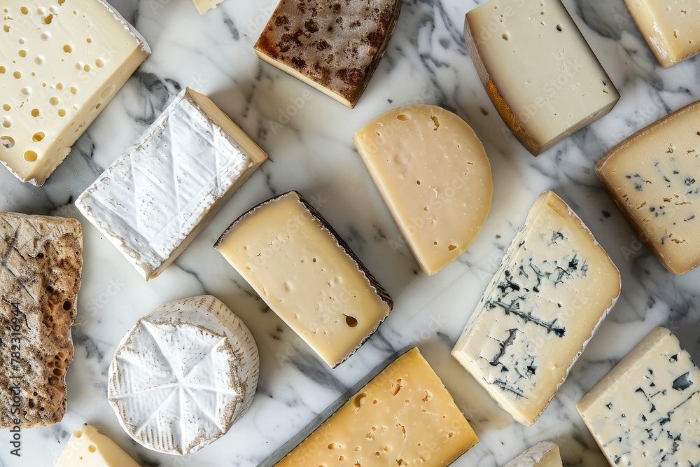 Top down photo of various cheeses on white marble surface with space for text