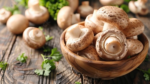 Fresh Champignon Mushrooms and Parsley Leaves on Wooden Table