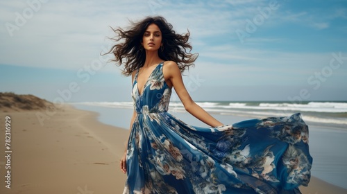Portrait of a young woman on a white sand beach with wind blowing her hair and dress. Summer concept of relaxation.