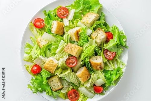 Top view of a fresh Caesar salad on white background looks delicious