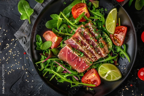 Top view of a plate with steak and tuna in sesame lime and salad photo