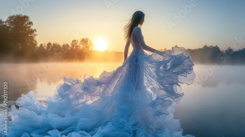 Beautiful goddess or nymph in intricate blue dress made of splashes walks on lake