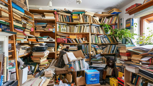 Hoarder's apartment full of old books photo