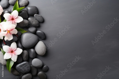 Spa concept background with flower  stones  and green leaf on marble. Copy space