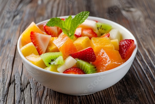 Fresh fruit salad in white bowl on wood background