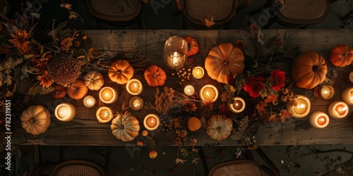 Warm candlelit display with colorful pumpkins and fall flowers, perfect for seasonal decor.