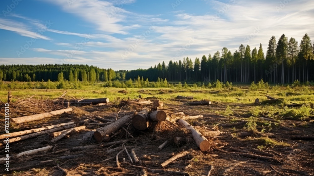 Deforested area with stumps and discarded trees