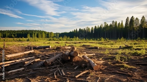 Deforested area with stumps and discarded trees