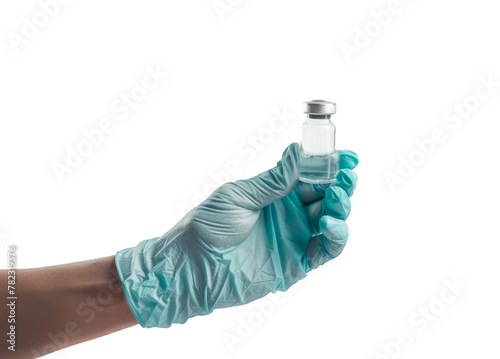 Doctor hand wearing medical glove holding vaccine vial on a cutout PNG transparent background