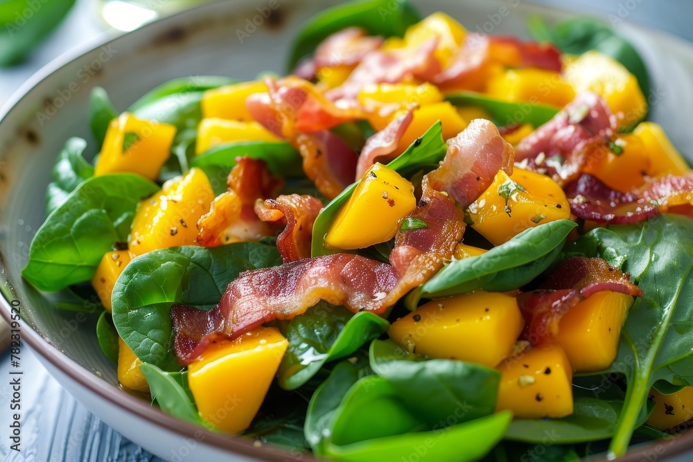 Fresh spinach salad with bacon and mango Fresh spinach salad with bacon and mango