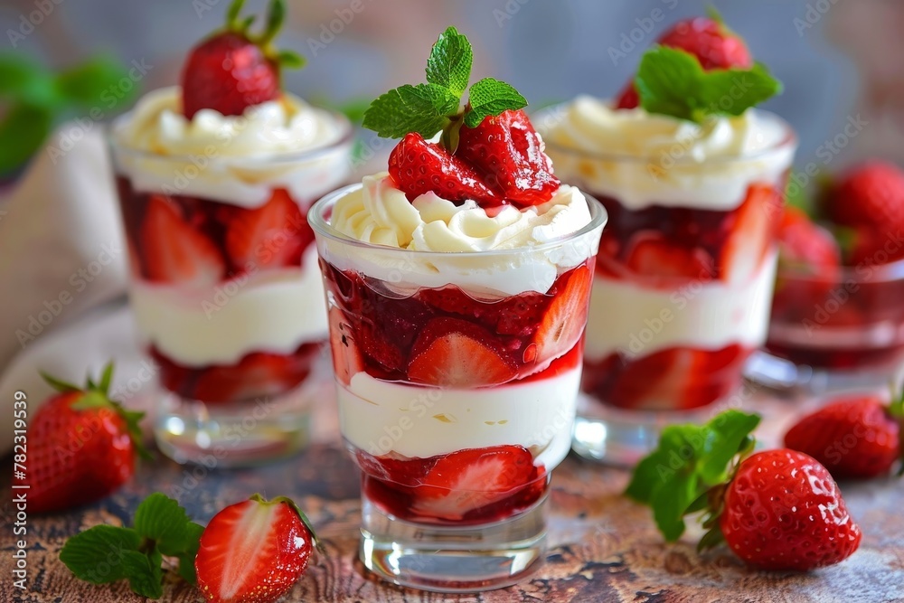 Fresh strawberry and cream cheese dessert in glasses with homemade jam Fresh strawberry and cream cheese dessert in glasses with homemade jam