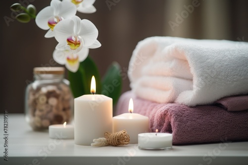 Spa concept with a soft towel  candles and flowers
