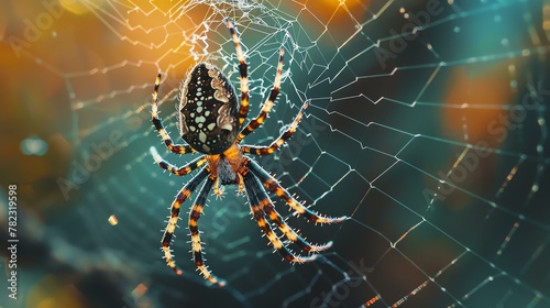 A close-up of a spider on its web. The spider is in focus, while the web is blurred in the background.
