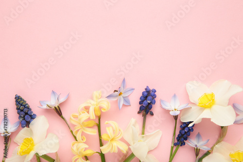 Garden flowers on pink background. Space for text