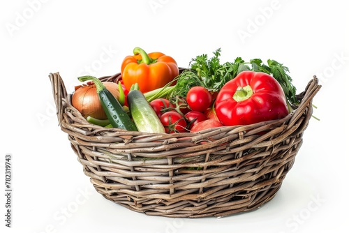 Fresh vegetables in wicker basket on white background