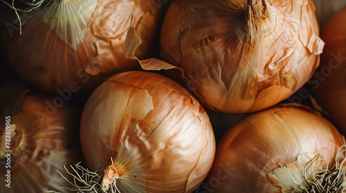 Still life photography of a pile of brown onions. The onions are arranged in a haphazard manner, with the largest onion in the center of the pile.