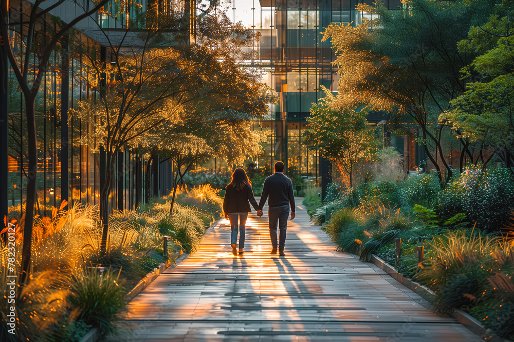 A romantic stroll of a couple in a lush urban park, with a pathway lined with glowing lights and modern architecture
