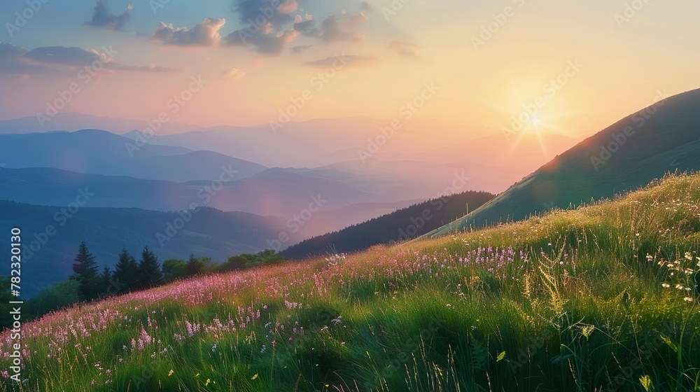 Obraz premium Mountain valley during sunrise. Natural summer.