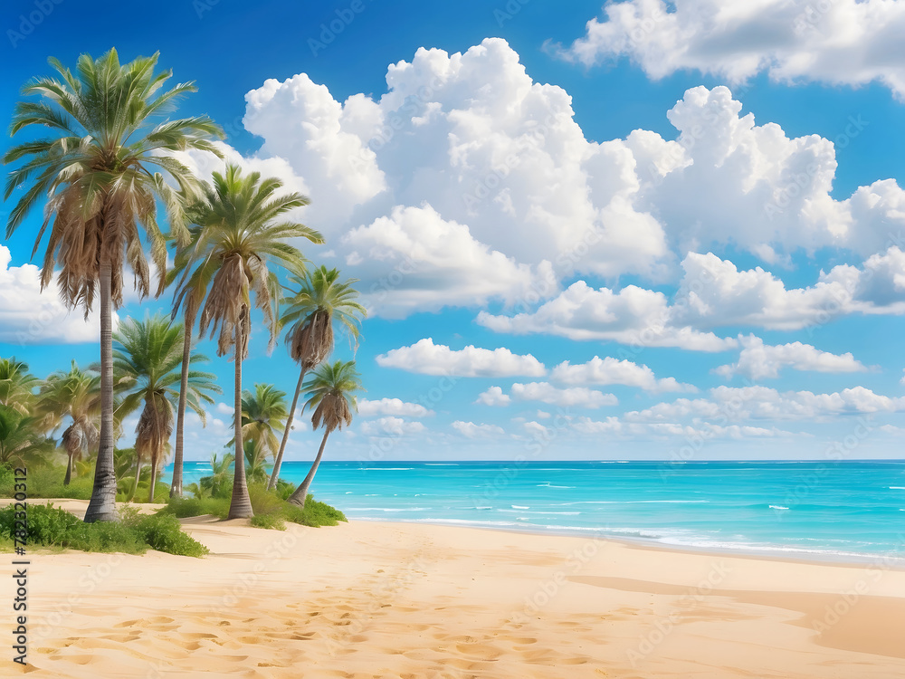 Obraz premium Palm trees on a sandy beach with blue ocean and cloudy blue skies design. Idyllic panoramic view for spring break design and summer vacation background design.
