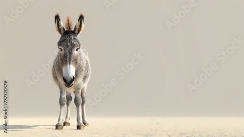 A studio shot of a donkey standing on a sandy surface against a beige background. The donkey is facing the camera with a neutral expression. photo