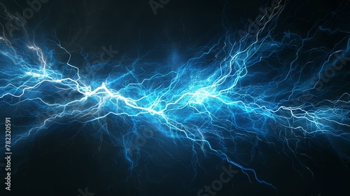 Blue lightning strikes against a black background. The lightning is bright and has a lot of detail. The background is dark and mysterious.
